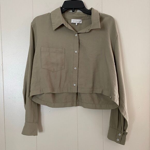 WAYF Olive Green Cropped Button Down Shirt Women’s Size Medium Long Sleeve - Picture 1 of 8